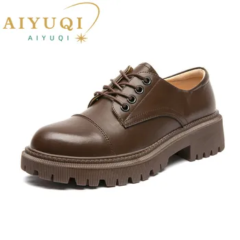 AIYUQI/женски лоферы; обувки от естествена кожа на дебелите ток; Студентски обувки; дамски обувки-Оксфорд в британския стил Дантела; Обувки