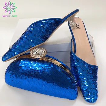 R. Комплект от обувки и чанти син цвят, Събиране на 2022 година, през Пролетта Нов Дизайн, Италиански дамски Сандали в зряла Стил, с искрящи кристали за Парти