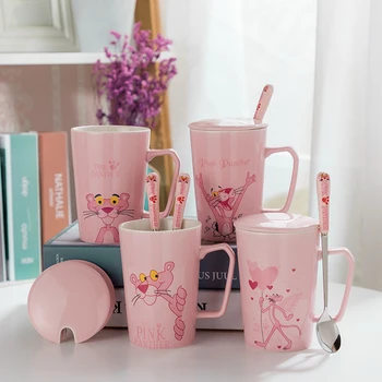Керамични Розова чаша с Палав Пантерой, Мультяшная Керамична Чаша за кафе Лате, Млечен Сок, Чай Чаши с Капак, Лъжица, подаръци за рожден Ден, Годишнина