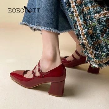 EOEODOIT/ Пролетни Нови Модни Обувки на висок ток; Обувки-лодка Mary Janes; Кожени Обувки-лодка на квадратен ток с квадратни пръсти и катарама