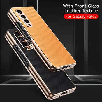 Предно Стъкло и Кожен Калъф за Samsung Galaxy Z Fold3 Fold 3 5G Калъф за Телефон 360 Пълно Защитно покритие устойчив на удари