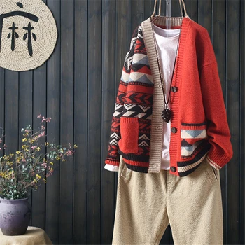 2020 есенно-зимния вязаный жилетка с големи джобове, дълъг ръкав и копчета, женски свободен пуловер с V-образно деколте в литературния стил