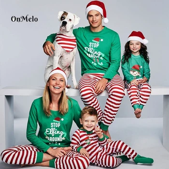 OnMelo/ Семейни Коледни Пижами, Еднакви Комплекти за семейството, Блузи с дълги ръкави, Панталони на райета, Комплект Ежедневни облекла