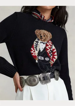 Есенно-зимния Вязаный Пуловер в стил RL с Мъниста и Мечка, Дамски Долна Риза, Trend Случайни Пуловер, Вязаный Пуловер Пуловер