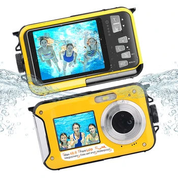 Водоустойчив цифров фотоапарат 10 фута, видео 2,7 К, снимка 48 Mp, двухэкранный дисплей, подходящ за плуване и гмуркане с шнорхел, бяла вода рафтинг-Жълт