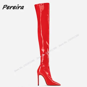 Pereira/Червени Ботуши Над Коляното От Лачена кожа със страничен цип; дамски Обувки на висок ток с остър Пръсти; Zapatillas Mujer на Висок Ток