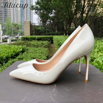 Tikicup/ Обикновена бели дамски Лъскавите лачени обувки на Висок ток с остър пръсти, Елегантни Дамски Обикновена обувки-лодка на висок ток, без закопчалка, Размер 33-45
