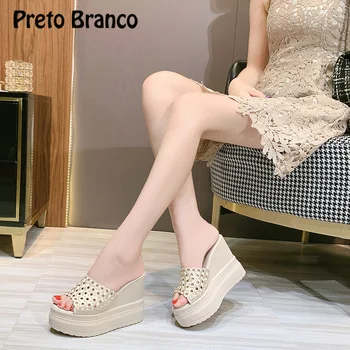 Дамски летни чехли на висок ток PRETO BRANCO, увеличена модни дрехи, Джапанки Трапецовидна форма на платформата със скосен ток, ZYW