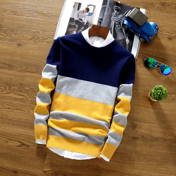 ХУ 2023 есенен пуловер с дълъг ръкав и кръгло деколте есен памук модерен пуловер райе