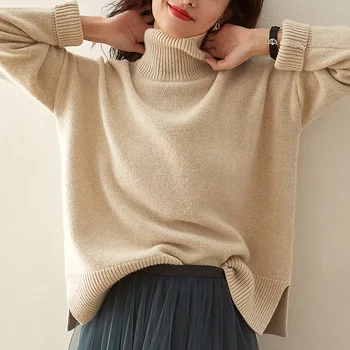 Есенно-зимния женски пуловер ежедневна однотонного цветове с високо воротом и дълъг ръкав, свободен пуловер