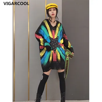 Марка приливи и отливи, жена през пролетта на нов модерен пуловер 2021 г., дамски пуловер с качулка в корейски стил, пуловер със звезди, модни градинска облекло средна дължина