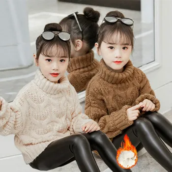 Новост 2021 г., есенно-зимна Обикновена топли възли Пуловери за малки момичета, Поло, Ежедневни Пуловери на кръст, Плътни Дрехи за тийнейджъри X09
