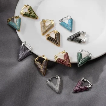 HECHENG 1 двойка, V-образни обеци с фианитами, Цветни Каменни Модерни Геометрични Триъгълни обеци-карамфил, Златни Сребърни Черни Дамски Бижута