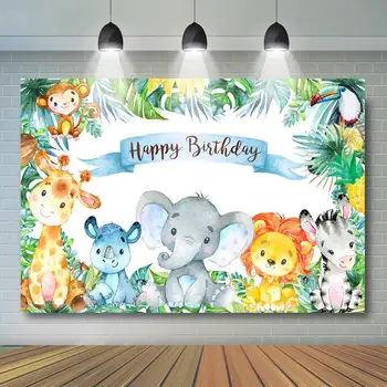 На фона на сафари с животни, Банер за парти в чест на рождения ден на момчето в сафари, Интериор с диви животни в джунглата, Банер за тортата за детската душа в сафари