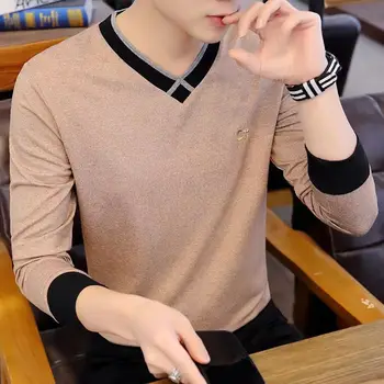 Есенна мъжки тънка тениска с дълъг ръкав, пуловер с v-образно деколте, корейската версия на универсалната есента на долната риза