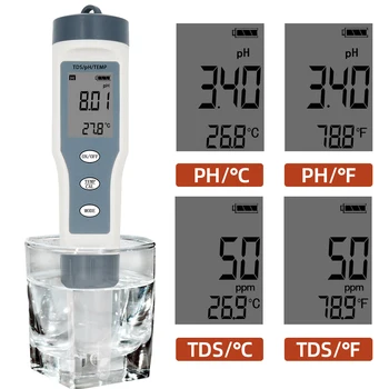 Цифрово Измерване на Температура TDS PH 3 в 1 Тестер за Качеството на Водата 0,01 0-14 Обхват на Измерване PH 0-19990 PPM за Басейни с Питейна Вода