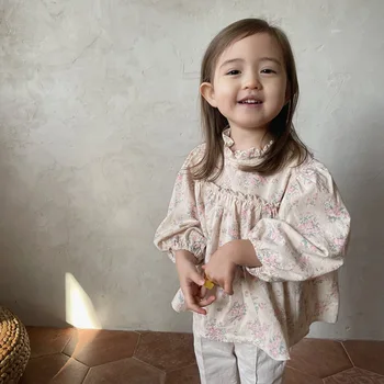 Красива Блуза За Момиченца, Пролетно-Есенен Детски Дрехи, Памучен Риза с Дълги Ръкави и Цветен Модел, детски Ризи в Корейски Стил