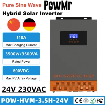 PowMr 3.5 KW Хибриден Слънчев Инвертор MPPT 110A 500VDC PV Входа 24VDC 220VAC Всичко В едно Чисто синусоидальном слънчево Зарядно устройство /Инверторе