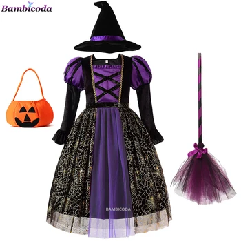 Деца момичета Хелоуин вещица рокля готика призрак детски костюм рокля роба рокля-съвкупност от вещици, шапка карнавал Пурим 