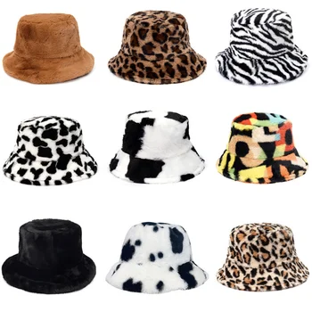 1бр зима крава, леопард от изкуствена кожа-пухкави шапки кофа за жени на открито Слънце, шапка, меко кадифе Рибар шапка мода момиче шапка Панама