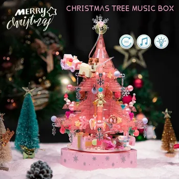 Розова Коледно Дърво Градивните Елементи На Въртящи Се Светлини, Музикални Ковчег На Дядо Коледа Led Светещ Модел На Тухли Момичета, Сглобяеми Играчки За Подарък