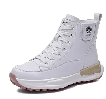 Дамски малка бяла обувки Универсална Мека подметка с висока Берцем от естествена кожа, Плюс кашмир Дамски Обувки Есен Зима Студентски обувки