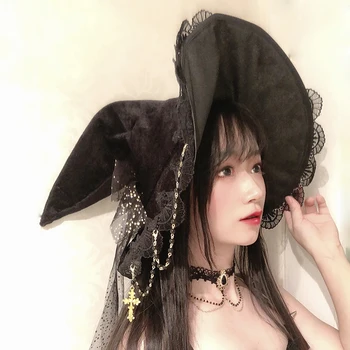 Япония Лолита Шапка Вещица Готически Магически Костюм За Хелоуин Аксесоари, Реквизит Винтажное черна Дантела Голям Лък Cosplay Вечерни Шапка на Магьосник