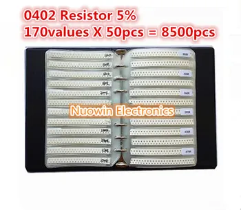 SMD 0402 Проба резистора Книга 5% Толеранс 170 стойности на x 50 бр. = 8500шт Комплект резистори 0R ~ 10 м 0R-10 м