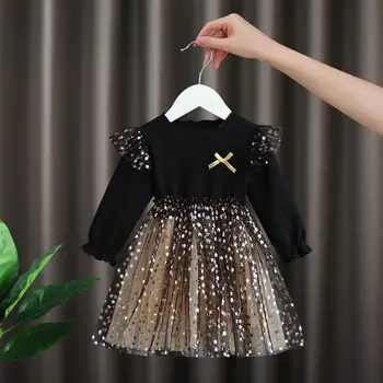 От 1 до 7 години 2021 Ново Детско Рокля Пролет-лято Нова Памучен Панталон-пакет за момичета в корейски стил, Сетчатое Газово Принцеса Рокля със звезди