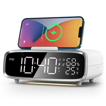 Безжично Зарядно Устройство alarm clock Bluetooth Високоговорител LED Гермометр Влажност Настолни Часовници Безжично Зарядно за iPhone 14 13 12 Зарядно Устройство