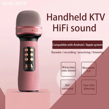 Bluetooth Ръчен Микрофон Безжичен Караоке Двоен Високоговорител Кондензаторен Микрофон Плейър Пеене за iOS и Android Smart TV