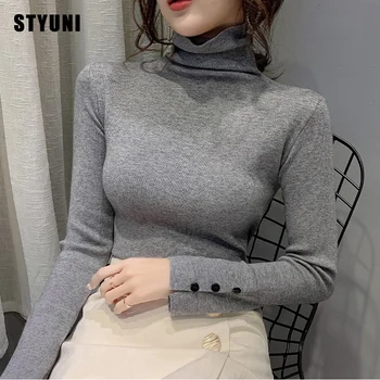 Пуловер с висока воротом, женски, черно, есен-зима 2021, нова корейската мода, мек восък участък, топъл пуловер, вязаная долна риза