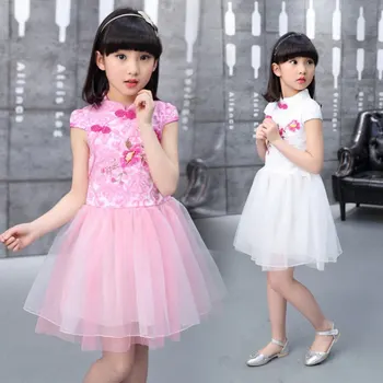 Китайски Стил Децата Традиционен Костюм Чонсам Облечи Момичето Бяло Розово Цвете Ципао Топ Китай Принцеса Партия Елегантна Рокля