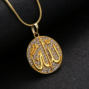 Класически Аллах Колие с Висулка Ислямски Бижута За Жени Златист Цвят Crystal Кръгла Окото Религиозни Мюсюлмански Бижута 70 см